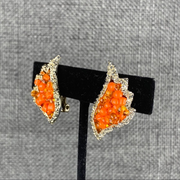 Vintage Beaded Orange Flame W/ Silver Clip Earring - Picture 2 of 6